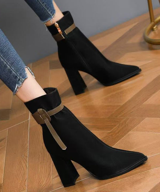 Elegant Black Faux Leather Splicing Boots Pointed Toe TE006