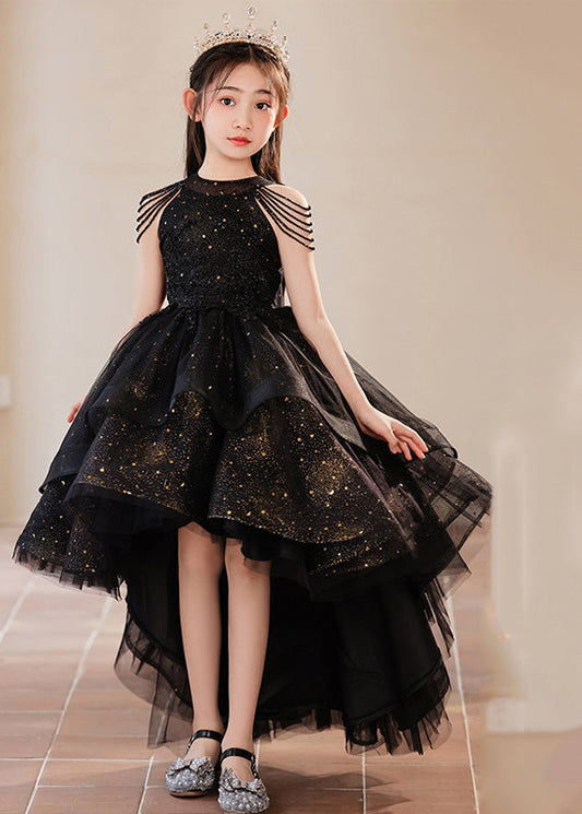 Elegant Black Turtleneck Dot Low High Design Tulle Girls Maxi Dress Summer YE006