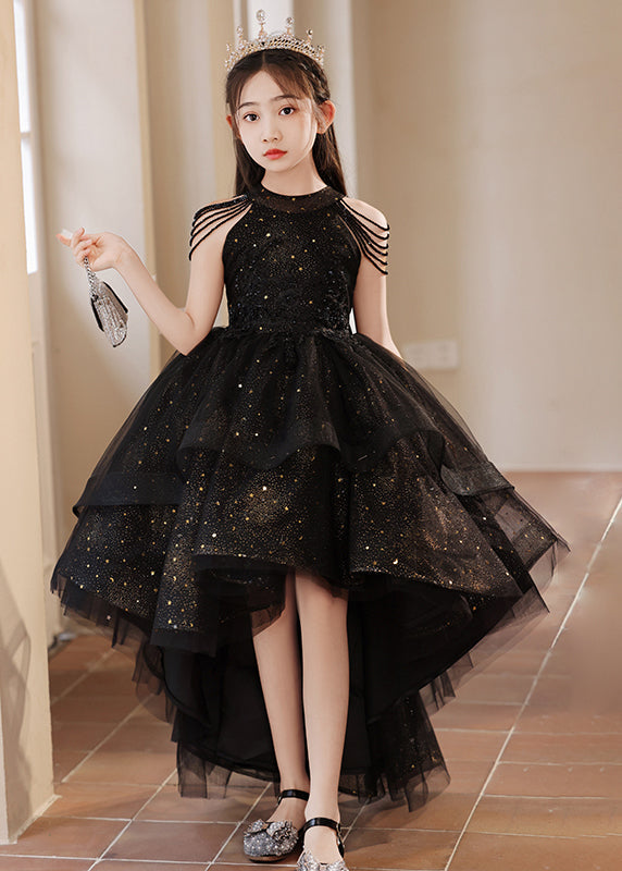 Elegant Black Turtleneck Dot Low High Design Tulle Girls Maxi Dress Summer YE006