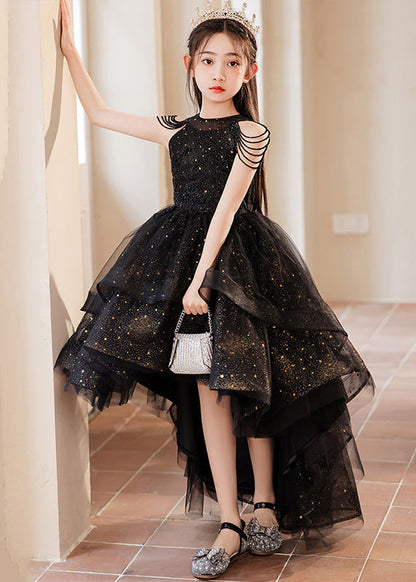 Elegant Black Turtleneck Dot Low High Design Tulle Girls Maxi Dress Summer YE006