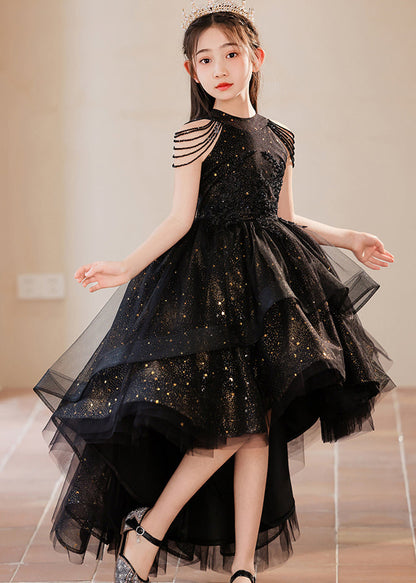 Elegant Black Turtleneck Dot Low High Design Tulle Girls Maxi Dress Summer YE006