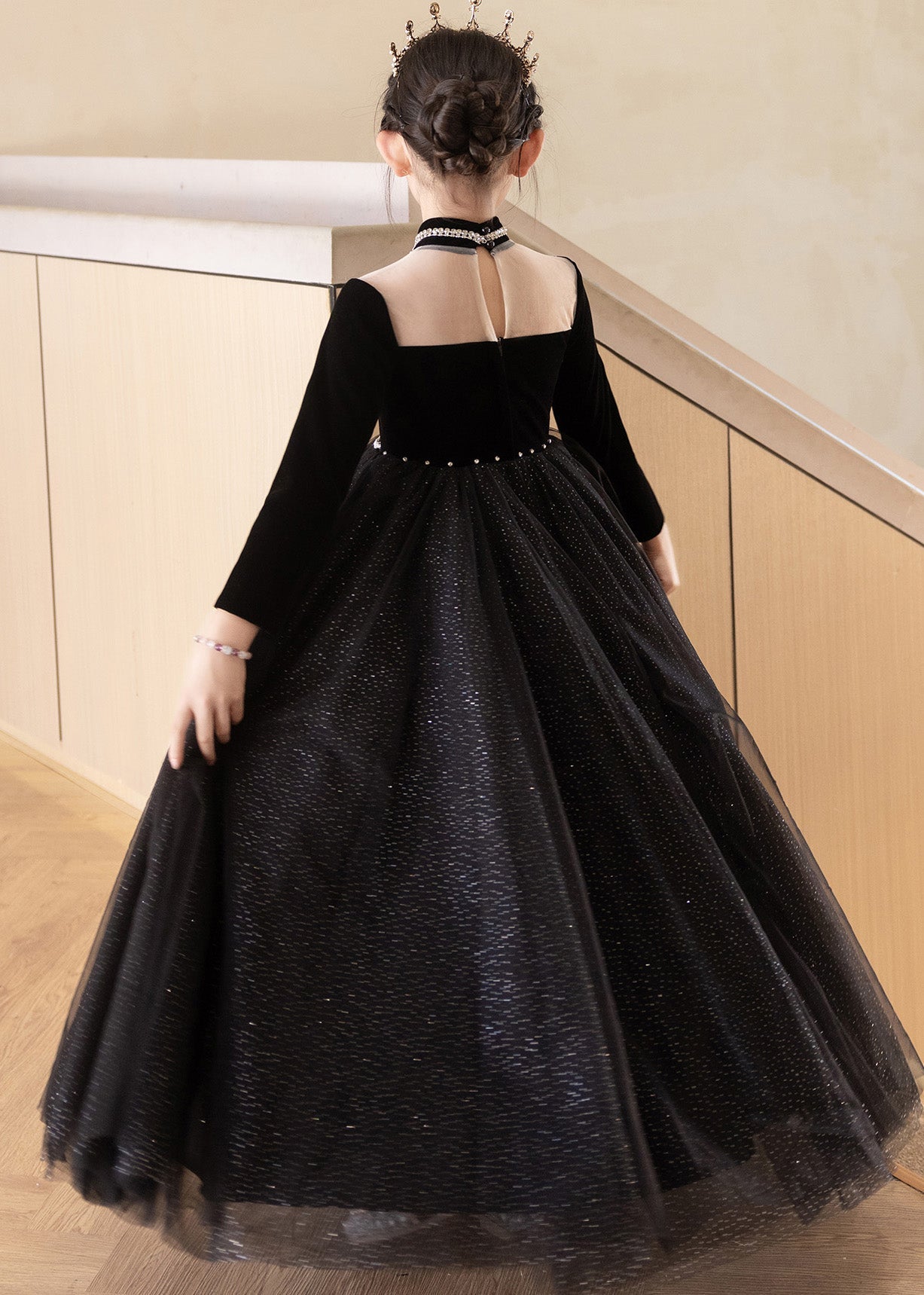 Elegant Black Turtleneck Silk Velour Patchwork Tulle Kids Maxi Dresses Fall RP033