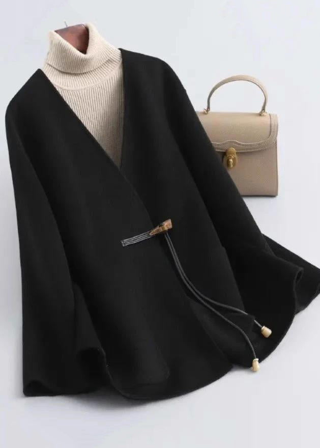 Elegant Black V Neck Pockets Woolen Coat Winter RS021