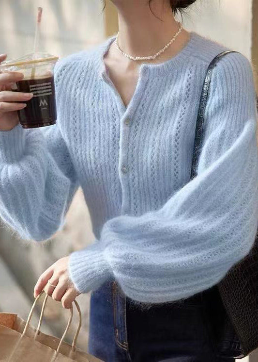 Elegant Blue Button Hollow Out Ma Hai Mao Sweaters Lantern Sleeve TU039