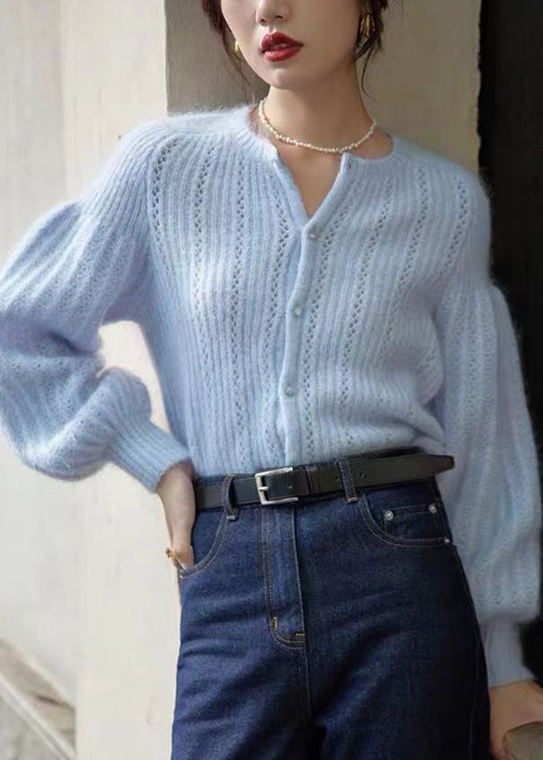 Elegant Blue Button Hollow Out Ma Hai Mao Sweaters Lantern Sleeve TU039