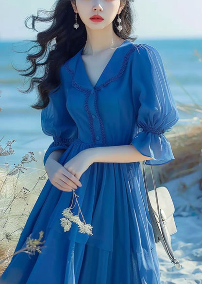 Elegant Blue Peter Pan Collar Button Chiffon Dress Flare Sleeve ZL022