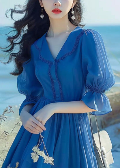 Elegant Blue Peter Pan Collar Button Chiffon Dress Flare Sleeve ZL022