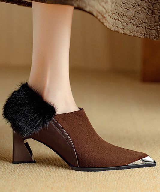 Elegant Brown High Heels Chunky Suede Splicing Fuzzy Fur RS009