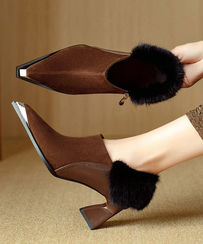 Elegant Brown High Heels Chunky Suede Splicing Fuzzy Fur RS009