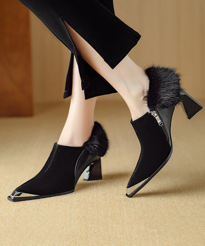 Elegant Brown High Heels Chunky Suede Splicing Fuzzy Fur RS009