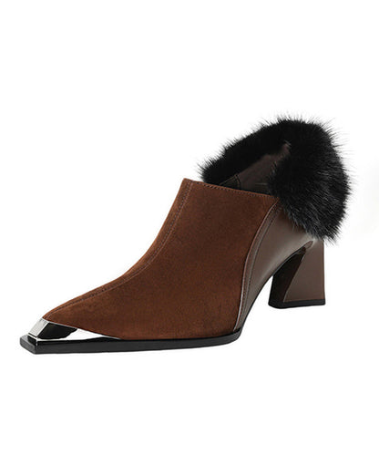 Elegant Brown High Heels Chunky Suede Splicing Fuzzy Fur RS009