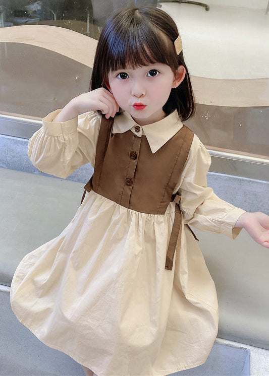 Elegant Brown Peter Pan Collar Button Cotton Girls Dresses Long Sleeve XZ090