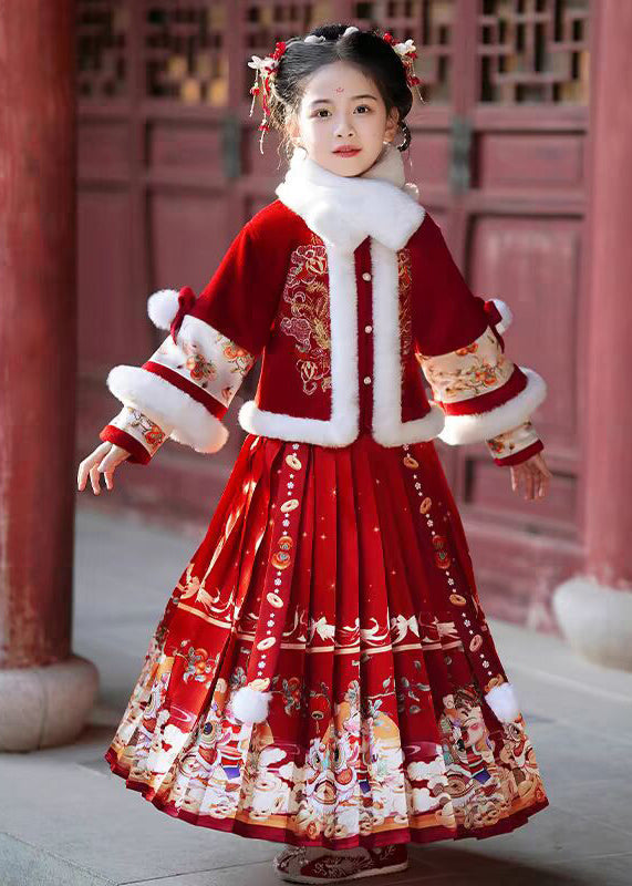 Elegant Champagne Fur Collar Button Kids Coats And Maxi Skirts Two Pieces Set Winter TR006