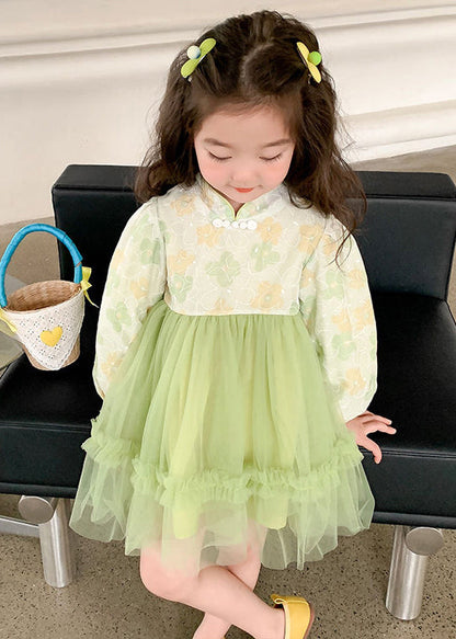 Elegant Green Stand Collar Tulle Patchwork Girls Dress Fall XZ093