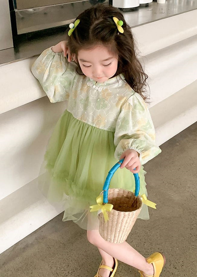 Elegant Green Stand Collar Tulle Patchwork Girls Dress Fall XZ093