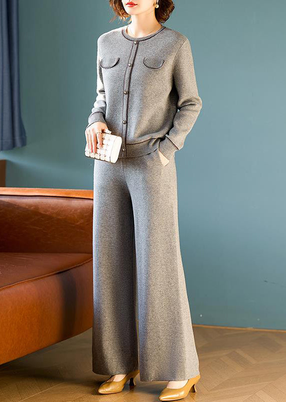 Elegant Grey O Neck Tops And Pants Wool Two Pieces Set Spring TQ026