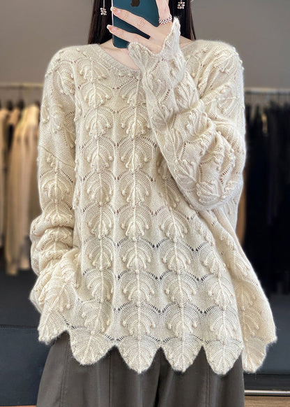 Eleganter heller Kamel-V-Ausschnitt-Strickpullover aus Wolle mit Hohlsaum für den Herbst AB1050