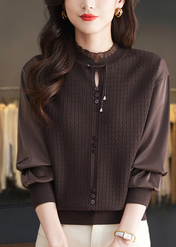 Elegant Mulberry Ruffled Patchwork Knit Sweater Tops Spring TQ012