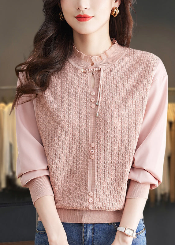 Elegant Mulberry Ruffled Patchwork Knit Sweater Tops Spring TQ012