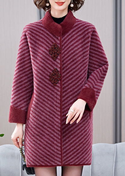 Elegant Mulberry Striped Patchwork Mink Velvet Coats Spring TA016