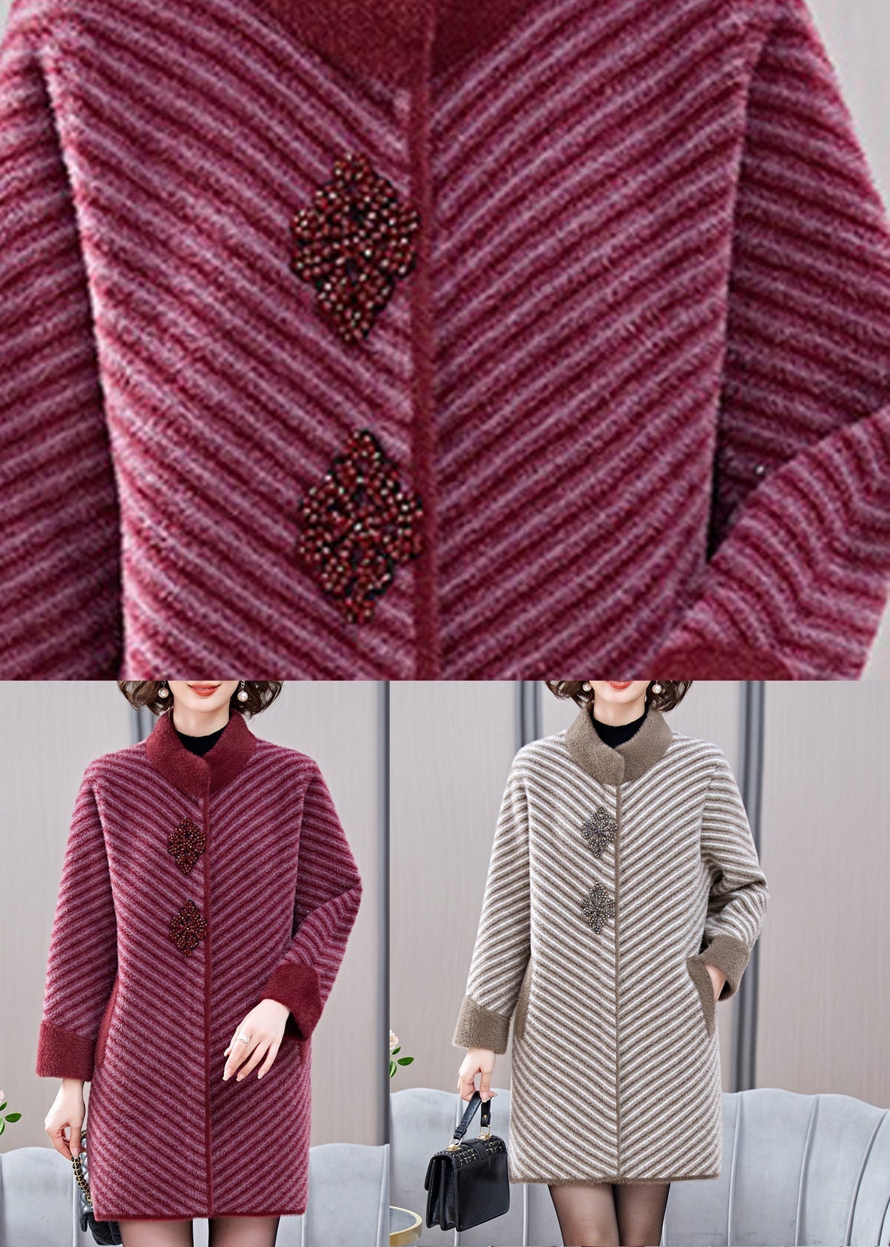 Elegant Mulberry Striped Patchwork Mink Velvet Coats Spring TA016