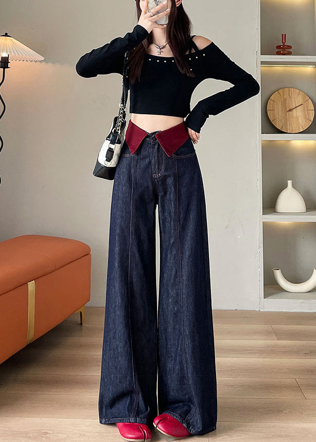 Elegant Navy High Waist Patchwork Denim Straight Pants Spring YO10