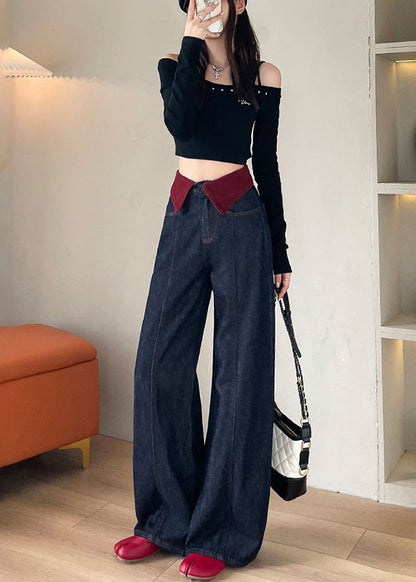 Elegant Navy High Waist Patchwork Denim Straight Pants Spring YO10