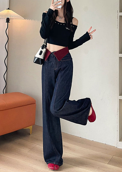 Elegant Navy High Waist Patchwork Denim Straight Pants Spring YO10