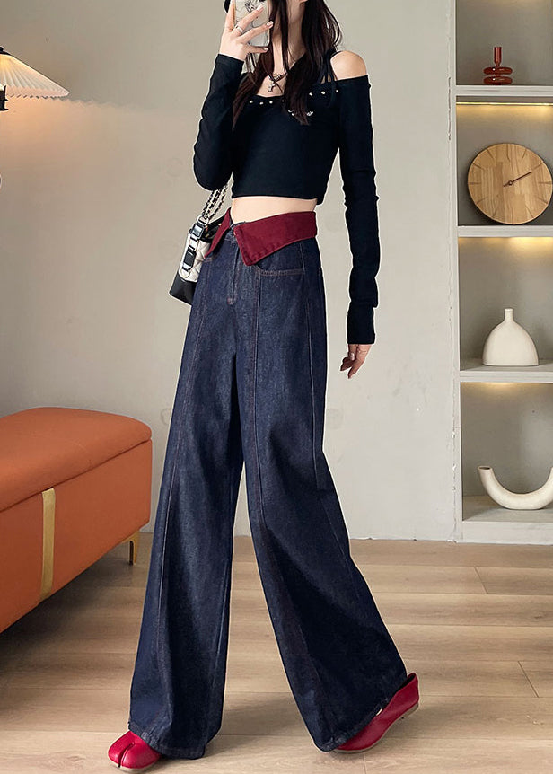 Elegant Navy High Waist Patchwork Denim Straight Pants Spring YO10