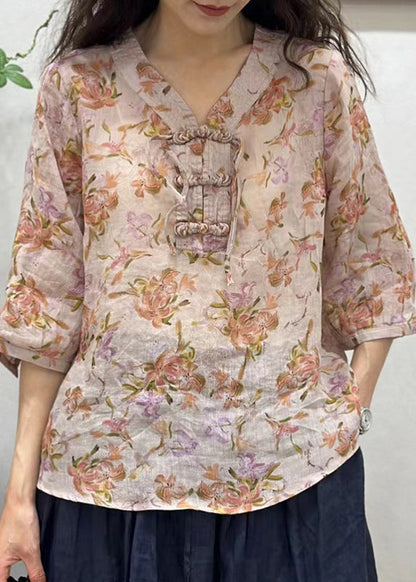 Elegant Pink Chinese Button Print Linen Shirt Half Sleeve JH034