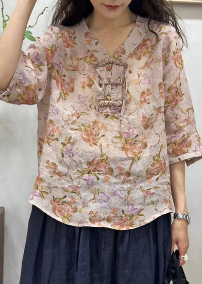 Elegant Pink Chinese Button Print Linen Shirt Half Sleeve JH034