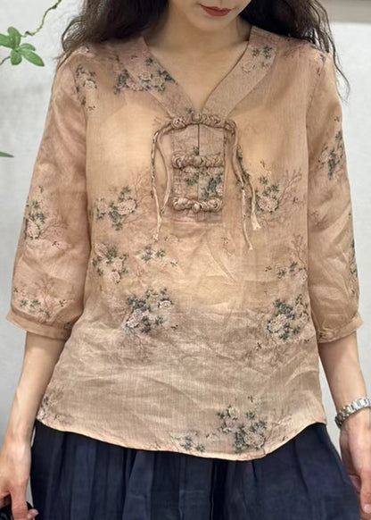 Elegant Pink Chinese Button Print Linen Shirt Half Sleeve JH034