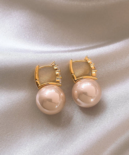 Elegant Pink Sterling Silver Overgild Pearl Hoop Earrings WP020