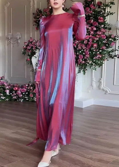 Robe longue en soie violette élégante à col rond pour l'automne WO050