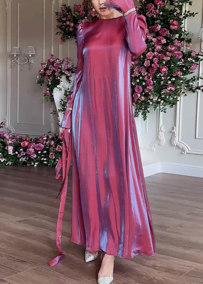 Robe longue en soie violette élégante à col rond pour l'automne WO050