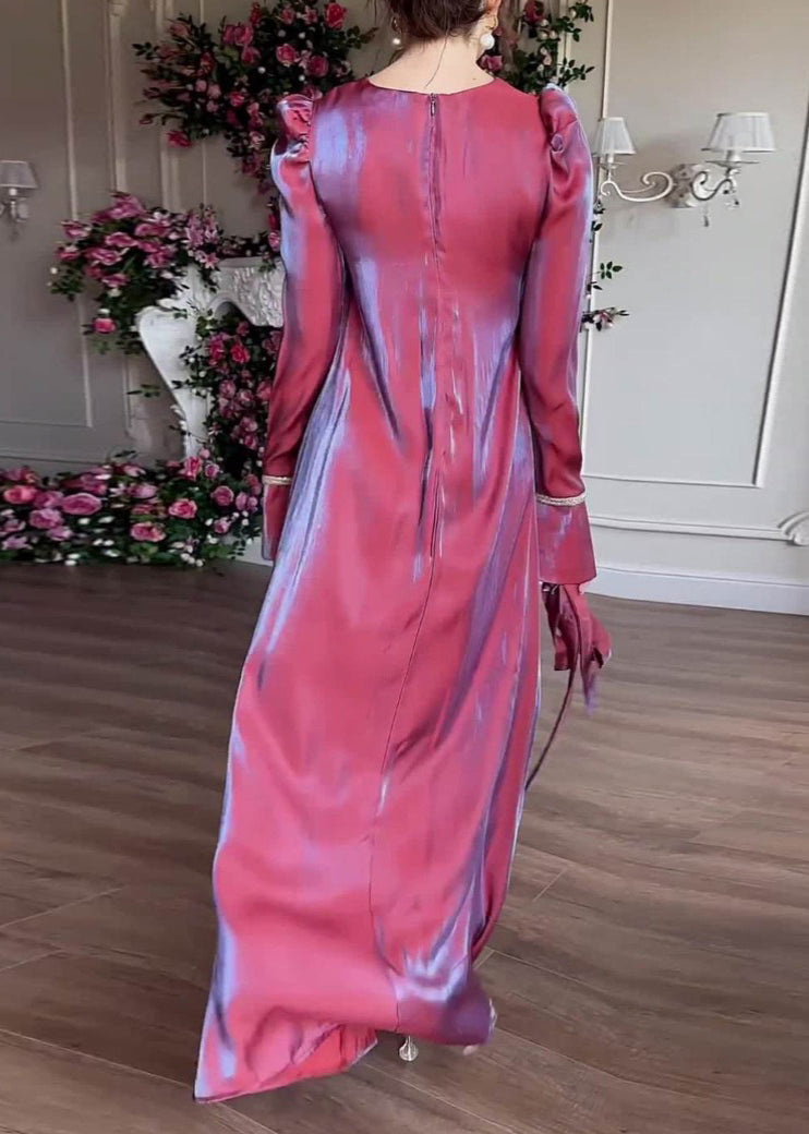 Robe longue en soie violette élégante à col rond pour l'automne WO050