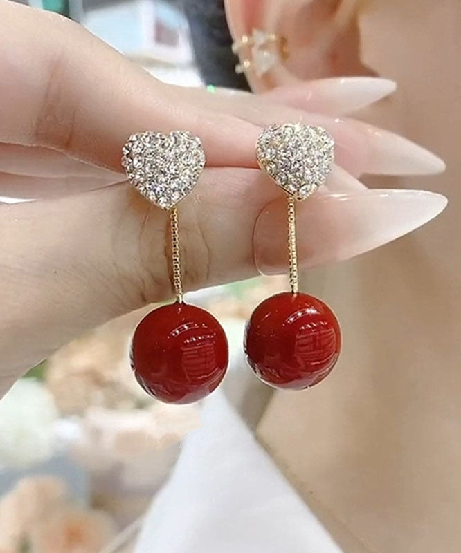 Boucles d'oreilles pendantes élégantes en argent sterling et perles de zircone rouge Love QZ015