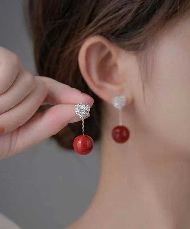 Boucles d'oreilles pendantes élégantes en argent sterling et perles de zircone rouge Love QZ015