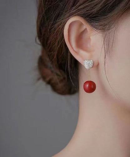 Boucles d'oreilles pendantes élégantes en argent sterling et perles de zircone rouge Love QZ015