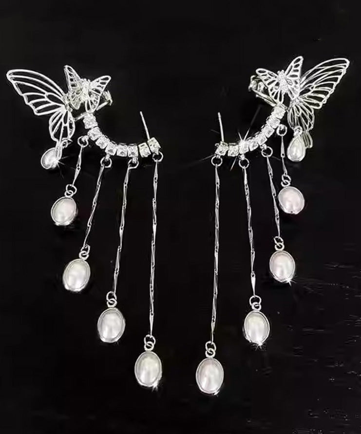 Boucles d'oreilles pendantes élégantes en soie, cuivre, zircon, perles, papillon, pompon, QJ047