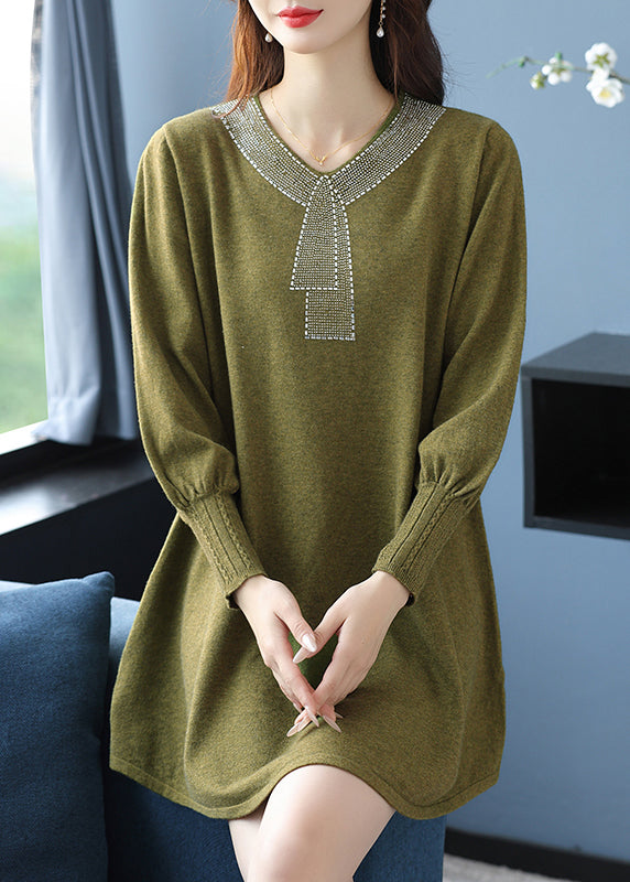 Elegant Tea Green V Neck Zircon Woolen Sweater Dress Winter RL017