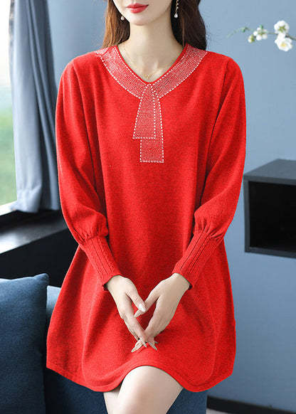 Elegant Tea Green V Neck Zircon Woolen Sweater Dress Winter RL017