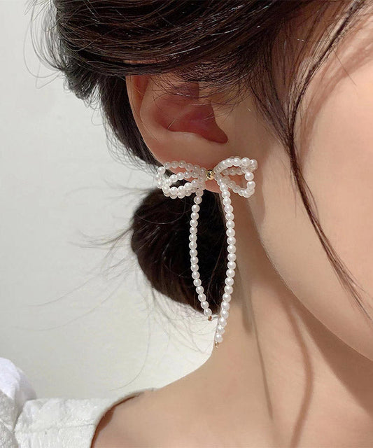 Elegant White Alloy Pearl Butterfly Tassel Drop Earrings YA027