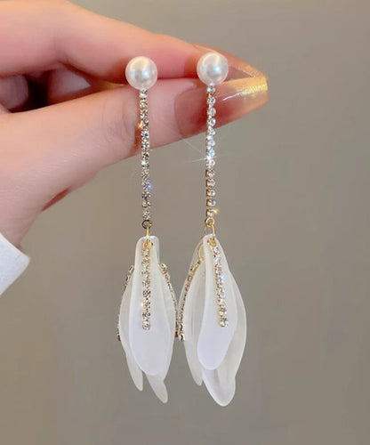 Elegant White Alloy Zircon Pearl Petal Tassel Drop Earrings QQ005