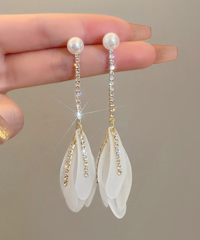 Elegant White Alloy Zircon Pearl Petal Tassel Drop Earrings QQ005