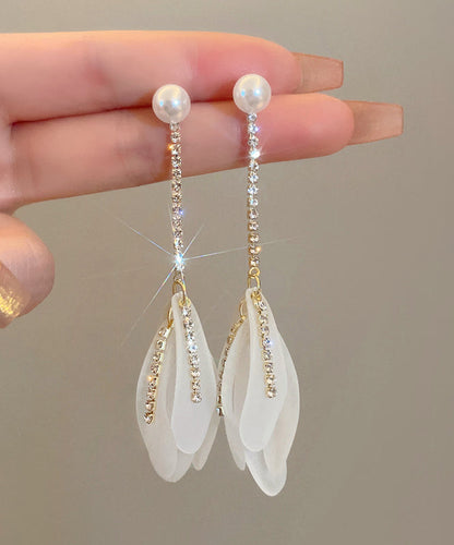 Elegant White Alloy Zircon Pearl Petal Tassel Drop Earrings QQ005