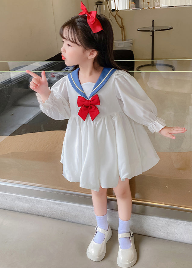 Elegant White Bow Solid Cotton Girls Mid Dresses Flare Sleeve XZ055