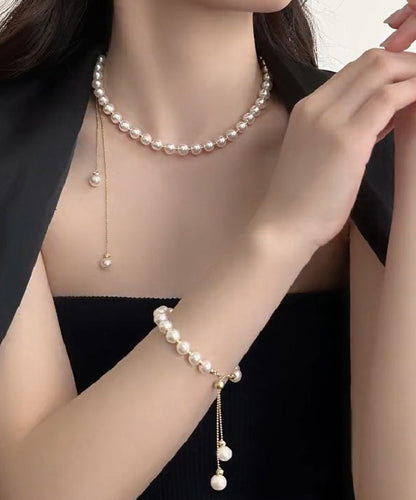 Elegant White Copper Alloy Pearl Tassel Charm Bracelet And Gratuated Bead Necklace Two Piece Set YU014