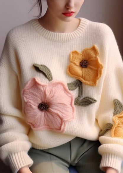 Elegant White O Neck Floral Knit Sweater Tops Fall WO030