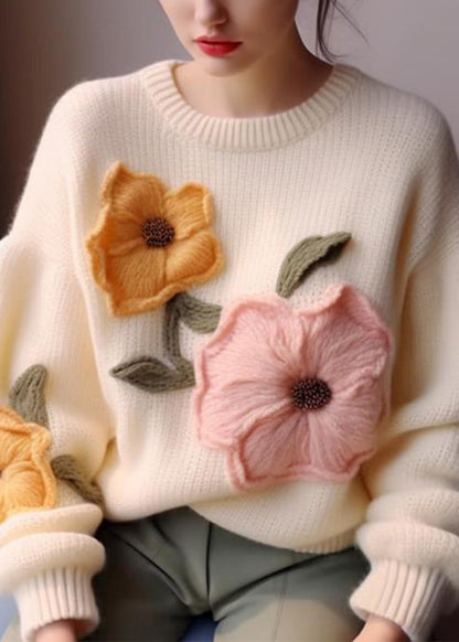 Pull en tricot fleuri blanc élégant à col rond pour l'automne WO030